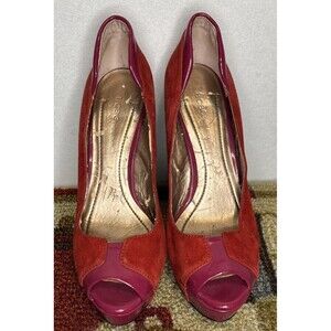 BCBG Red Velvet And Fuchsia Patent Leather Platform Heels.